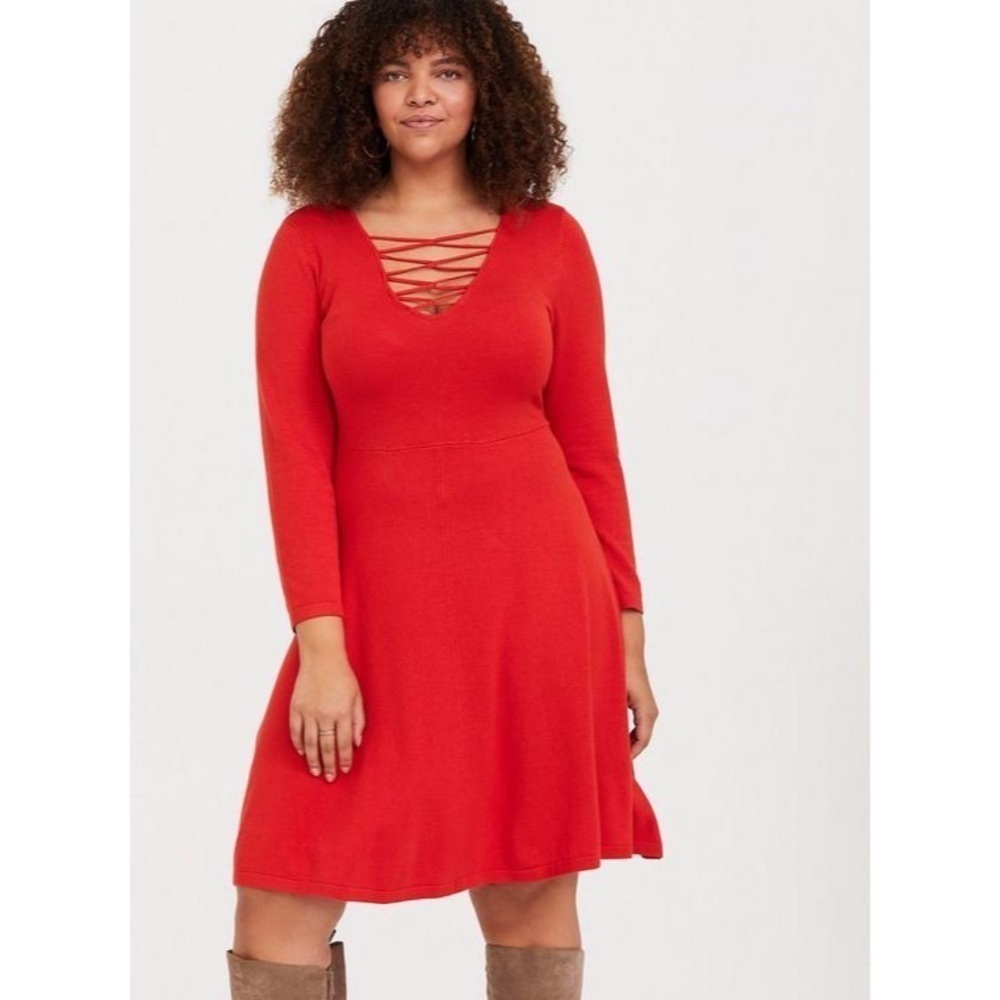 NWT Torrid Mini Sweater Cross Front Red Orange Skater Dress, Size 5X